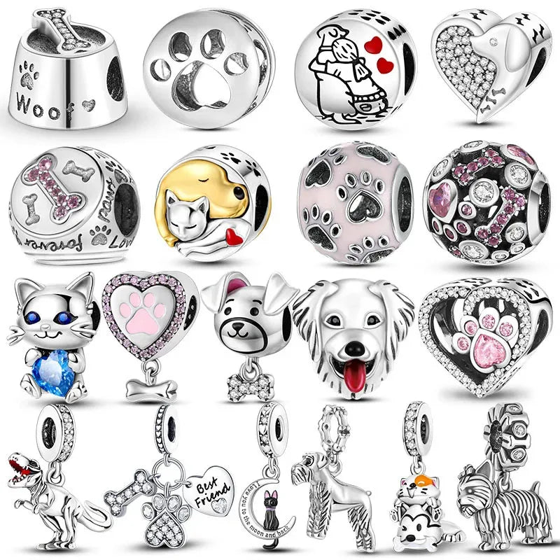 Dog Charms Silver Plated Doggy Paw French Bulldog Bones Beads fit Original Pandora Bracelet