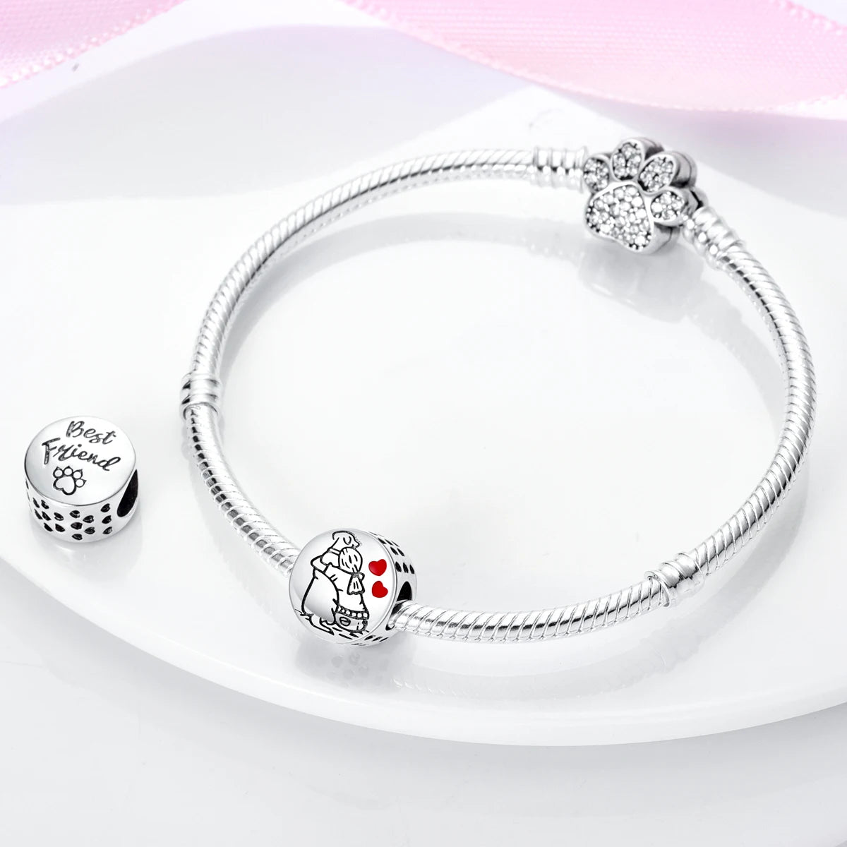 Dog Charms Silver Plated Doggy Paw French Bulldog Bones Beads fit Original Pandora Bracelet