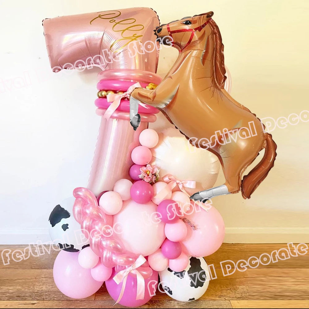 25pcs Horse  Party Themed Balloon Kit with 40inch Large Pink Number Balloons